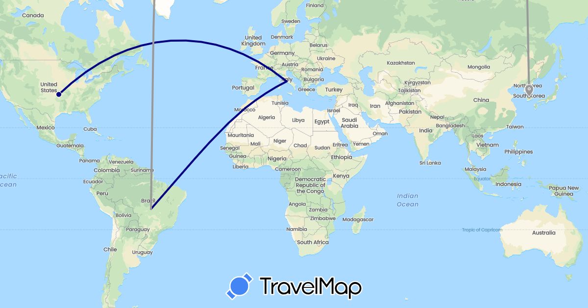 TravelMap itinerary: driving, plane in Brazil, Italy, South Korea, Tunisia, United States (Africa, Asia, Europe, North America, South America)